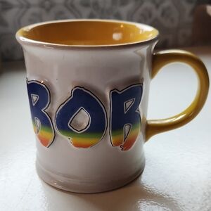 'BOB' White Mug with Rainbow Lettering and Yellow Interior
